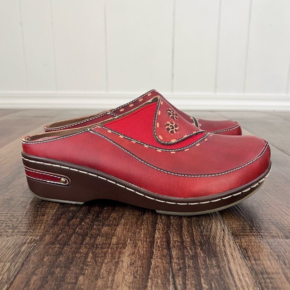 L'Artiste Spring Step Leather Clog Mule Hand Painted Shoe Chino Boho Size 38 Red - Picture 12 of 12